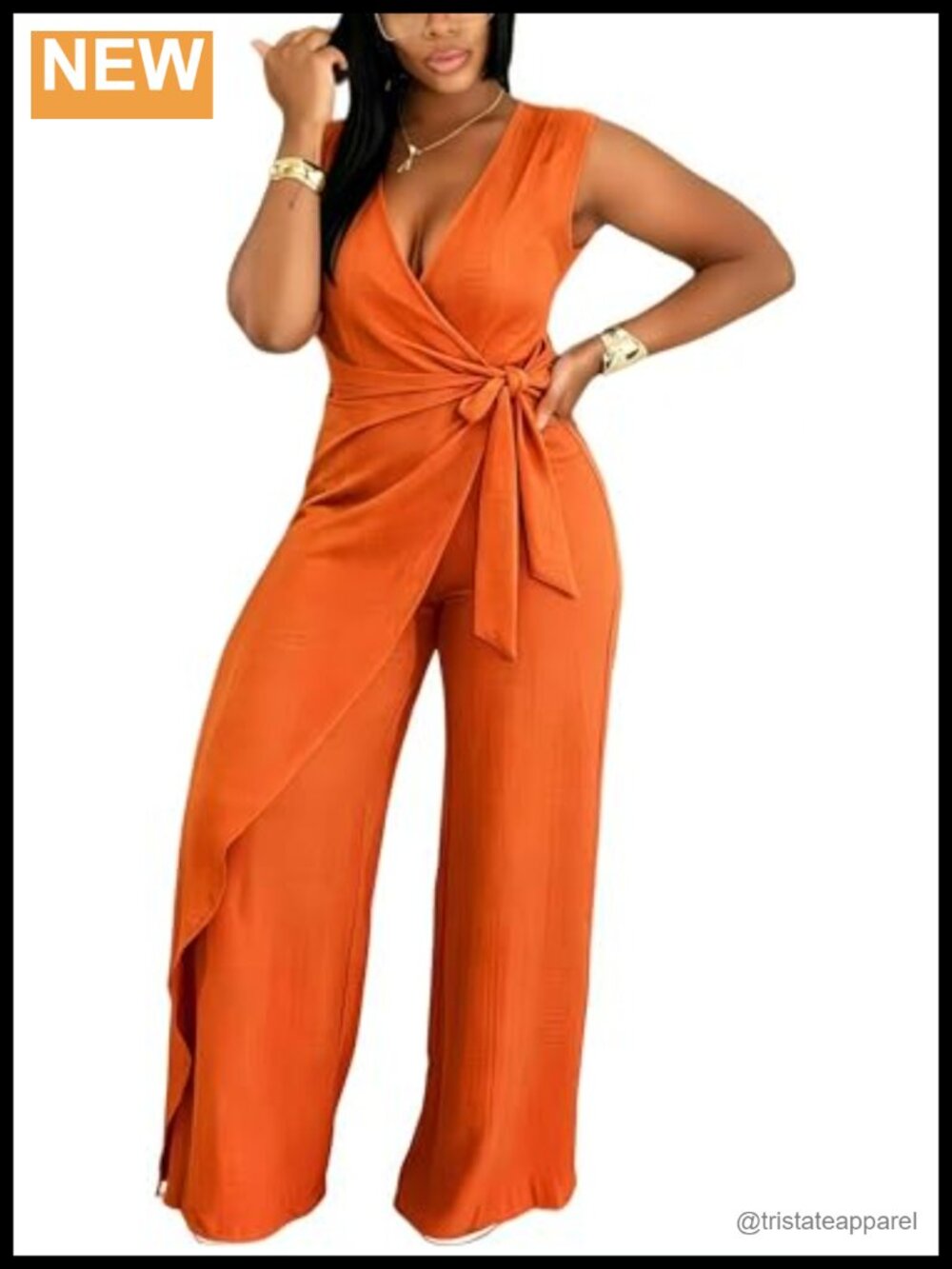 Sleeveless V-Neck Jumpsuit Wide Leg Tie Waist Zip Back One Piece